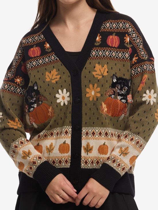 Hot Topic Sweaters - Hot Topic Black Olive Cat & Pumpkin Knit Cardigan